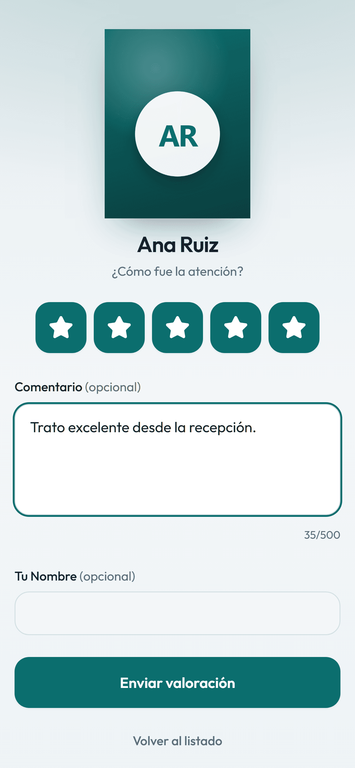 Pantalla de valoración del empleado con estrellas