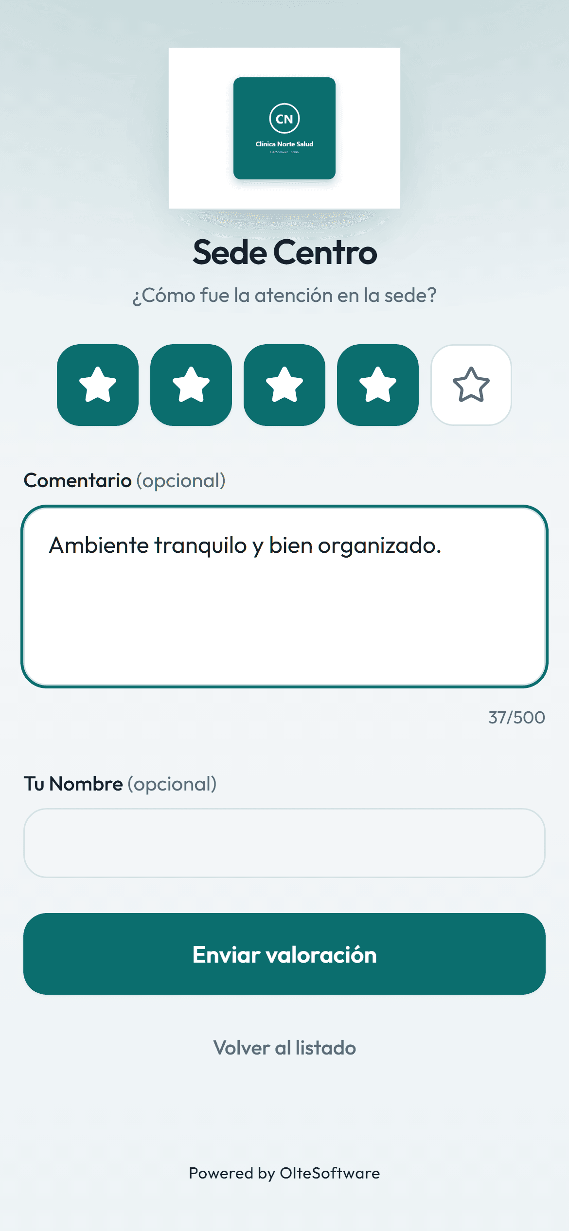 Pantalla de valoración de la sede con estrellas