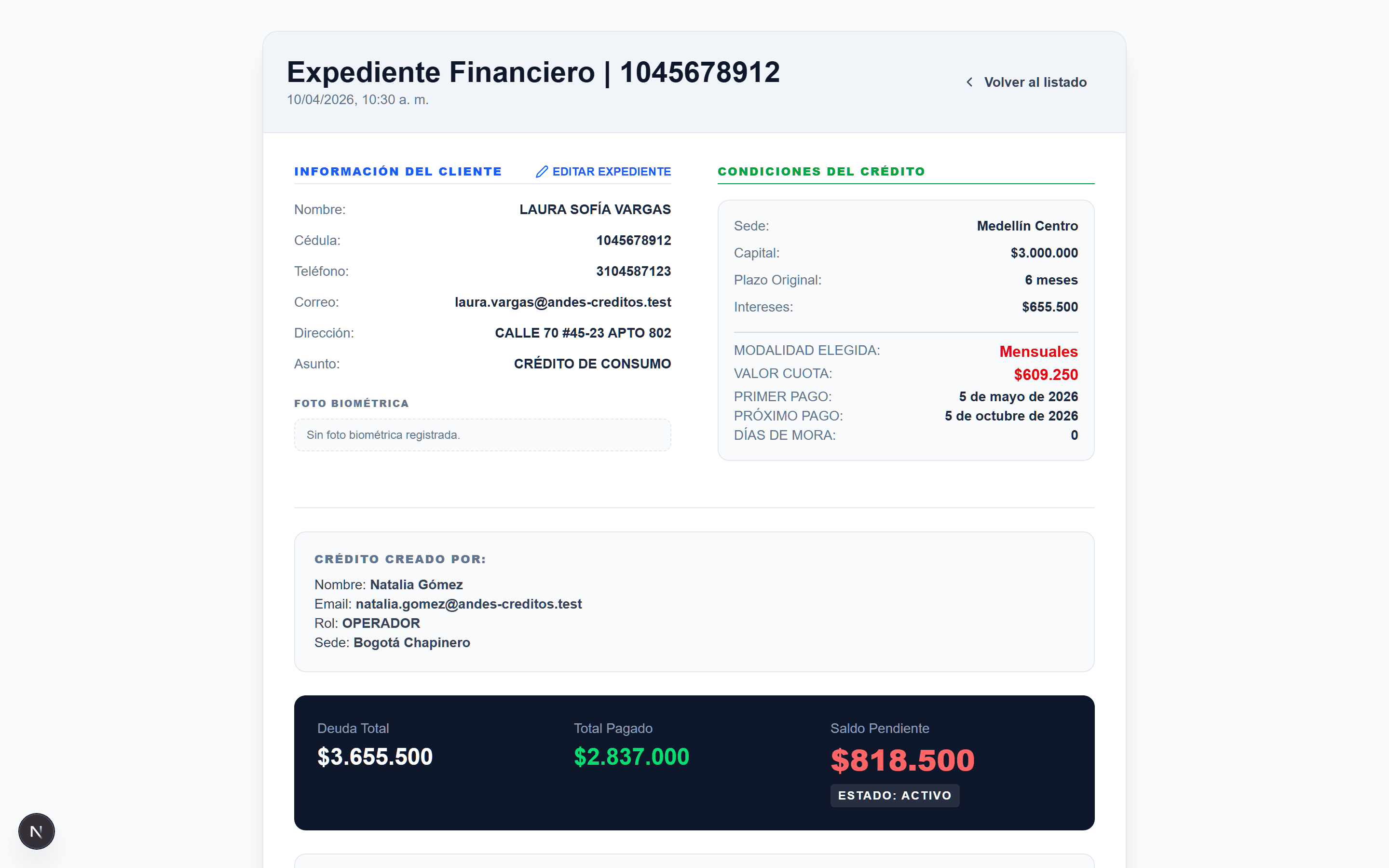 Expediente de crédito con datos, pagos y documentación