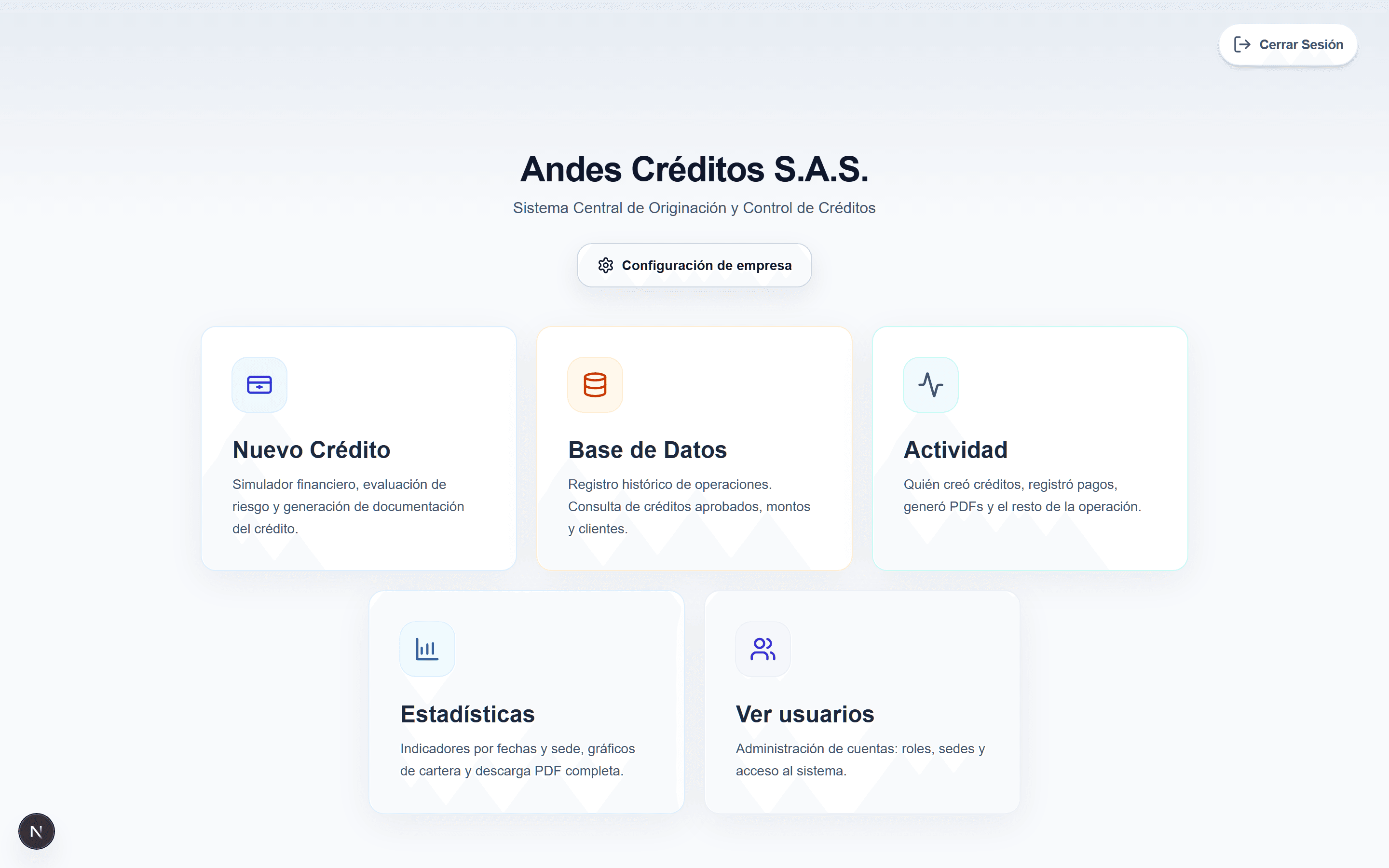 Hub central del sistema con módulos de crédito e identidad de empresa